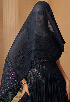 Hand Embroidered Chinon Chiffon Gown with in Navy Blue