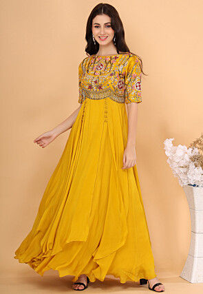 Hand Embroidered Chinon Chiffon Layered Gown in Mustard