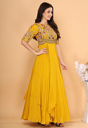 Hand Embroidered Chinon Chiffon Layered Gown in Mustard