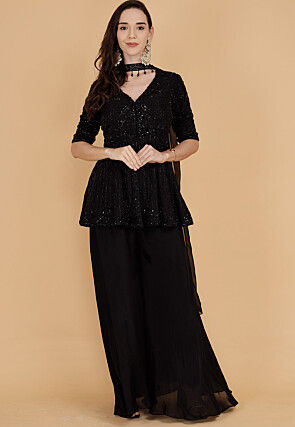 Hand Embroidered Chinon Chiffon Pakistani Suit in Black