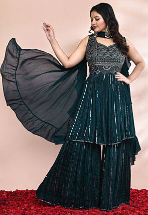 Hand Embroidered Chinon Chiffon Pakistani Suit in Dark Teal Blue