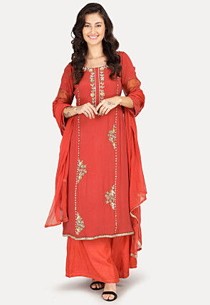 Hand Embroidered Chinon Chiffon Pakistani Suit in Light Rust