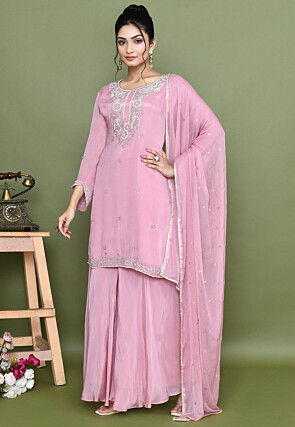 Hand Embroidered Chinon Chiffon Pakistani Suit in Pink