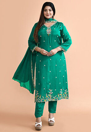 Hand Embroidered Chinon Chiffon Pakistani Suit in Teal Green