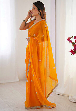 Hand Embroidered Chinon Chiffon Saree in Orange