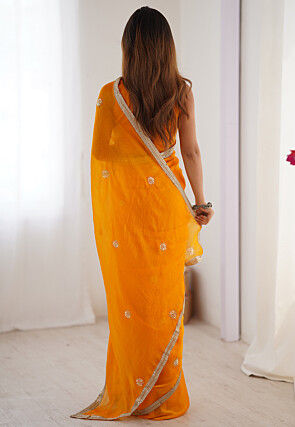 Hand Embroidered Chinon Chiffon Saree in Orange
