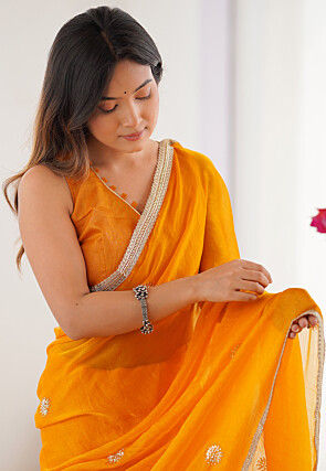 Hand Embroidered Chinon Chiffon Saree in Orange