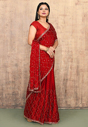 Hand Embroidered Chinon Chiffon Saree in Red