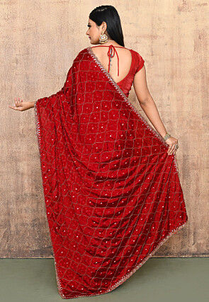 Hand Embroidered Chinon Chiffon Saree in Red