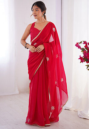Hand Embroidered Chinon Chiffon Saree in Red