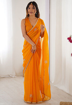 Hand Embroidered Chinon Chiffon Saree in Yellow