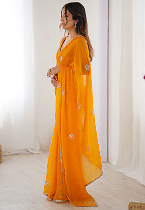 Hand Embroidered Chinon Chiffon Saree in Yellow