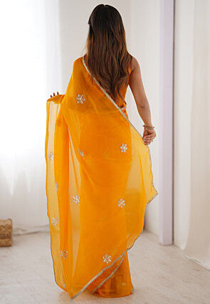Hand Embroidered Chinon Chiffon Saree in Yellow