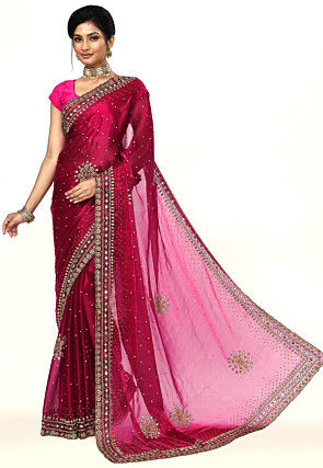 Hand Embroidered Chinon Chiffon Scalloped Saree in Fuchsia