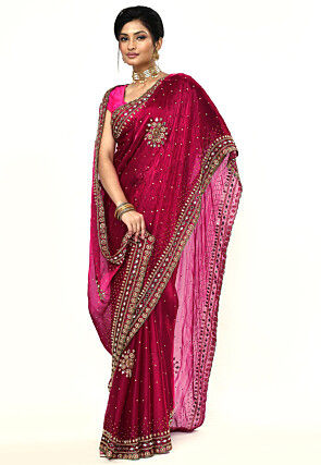 Hand Embroidered Chinon Chiffon Scalloped Saree in Fuchsia