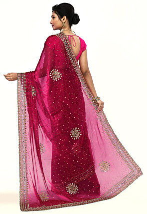 Hand Embroidered Chinon Chiffon Scalloped Saree in Fuchsia