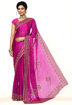 Hand Embroidered Chinon Chiffon Scalloped Saree in Fuchsia