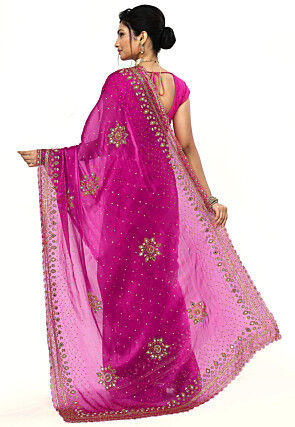 Hand Embroidered Chinon Chiffon Scalloped Saree in Fuchsia