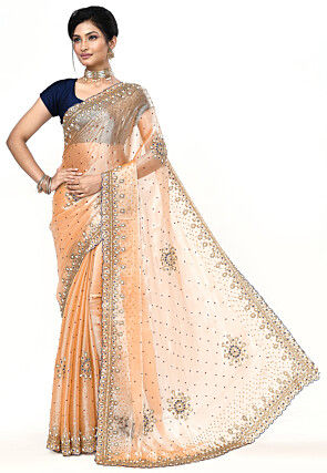 Hand Embroidered Chinon Chiffon Scalloped Saree in Peach