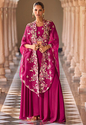 Hand Embroidered Chinon Crepe Crop Top Set in Magenta