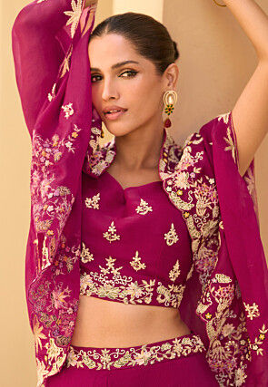 Hand Embroidered Chinon Crepe Crop Top Set in Magenta