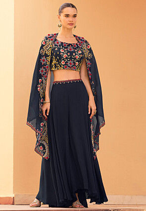Hand Embroidered Chinon Crepe Crop Top Set in Navy Blue