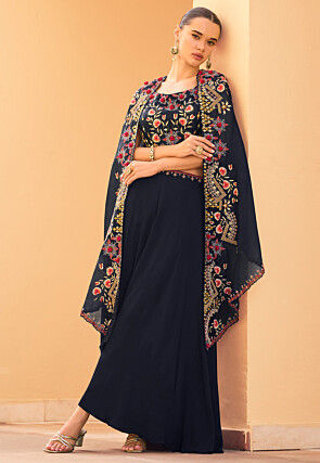 Hand Embroidered Chinon Crepe Crop Top Set in Navy Blue