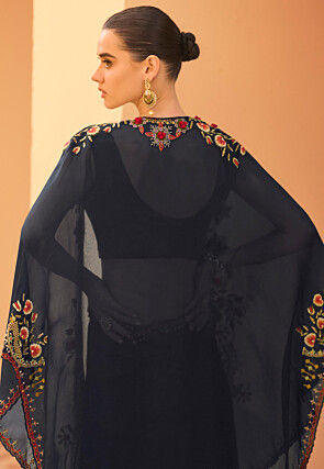 Hand Embroidered Chinon Crepe Crop Top Set in Navy Blue