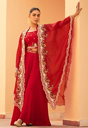 Hand Embroidered Chinon Crepe Crop Top Set in Red