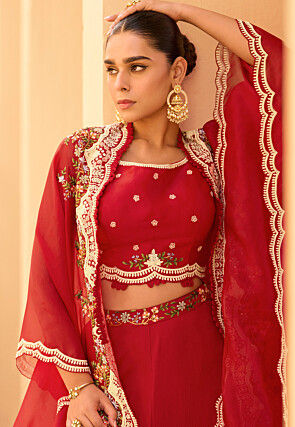 Hand Embroidered Chinon Crepe Crop Top Set in Red