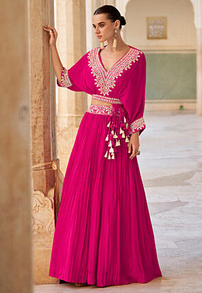 Hand Embroidered Chinon Crepe Lehenga in Fuchsia