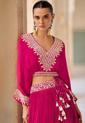 Hand Embroidered Chinon Crepe Lehenga in Fuchsia