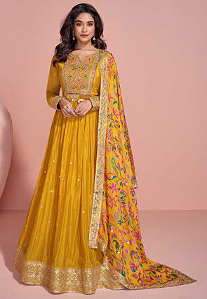 Hand Embroidered Chinon Silk Abaya Style Suit in Mustard