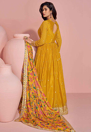 Hand Embroidered Chinon Silk Abaya Style Suit in Mustard