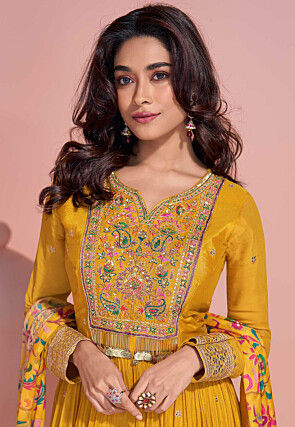 Hand Embroidered Chinon Silk Abaya Style Suit in Mustard