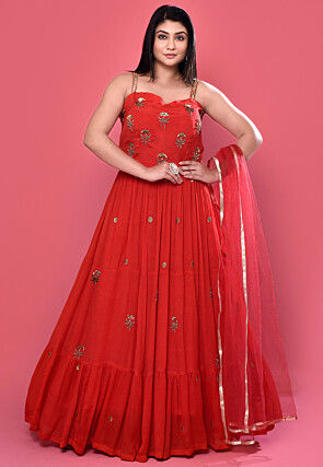 Hand Embroidered Chinon Silk Abaya Style Suit in Red
