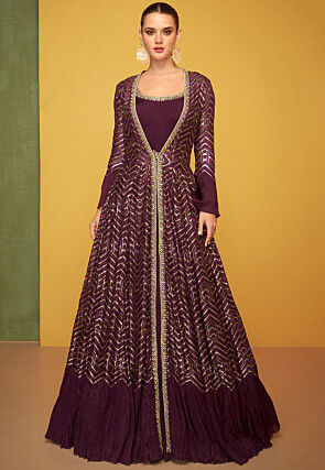 Hand Embroidered Chinon Silk Abaya Style Suit in Wine