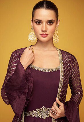 Hand Embroidered Chinon Silk Abaya Style Suit in Wine