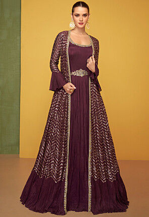 Hand Embroidered Chinon Silk Abaya Style Suit in Wine