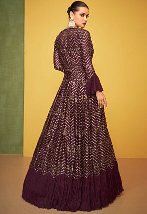 Hand Embroidered Chinon Silk Abaya Style Suit in Wine