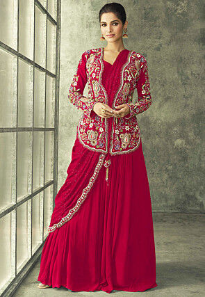 Hand Embroidered Chinon Silk Gown with Attached Dupatta in Fuchsia
