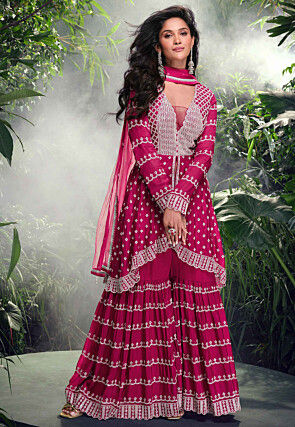 Hand Embroidered Chinon Silk Jacquard Pakistani Suit in Fuchsia