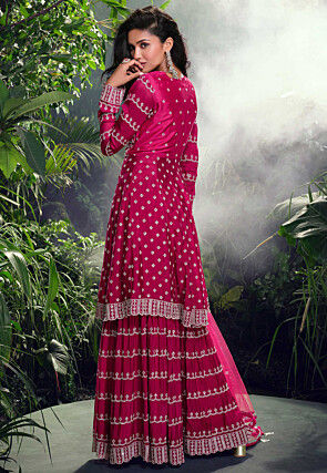 Hand Embroidered Chinon Silk Jacquard Pakistani Suit in Fuchsia