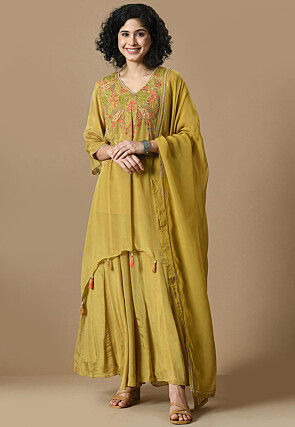 Hand Embroidered Chinon Silk Pakistani Suit in Olive Green