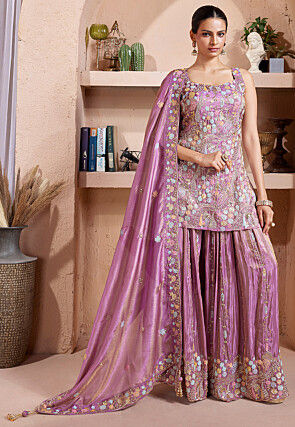 Hand Embroidered Chinon Silk Pakistani Suit in Purple