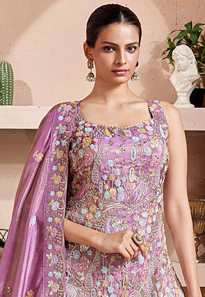 Hand Embroidered Chinon Silk Pakistani Suit in Purple