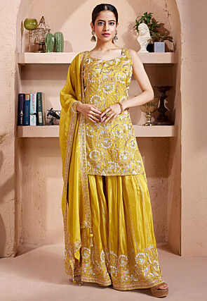 Hand Embroidered Chinon Silk Pakistani Suit in Yellow