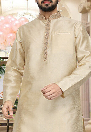 Hand Embroidered Collar Art Silk Dhoti Kurta in Beige