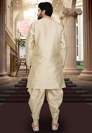 Hand Embroidered Collar Art Silk Dhoti Kurta in Beige