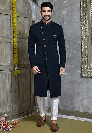 Hand Embroidered Collar Suede Sherwani in Navy Blue